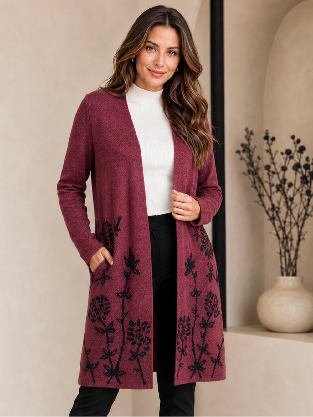 Womens Open-Front Floral Wine Black Long Cardigan Sweater